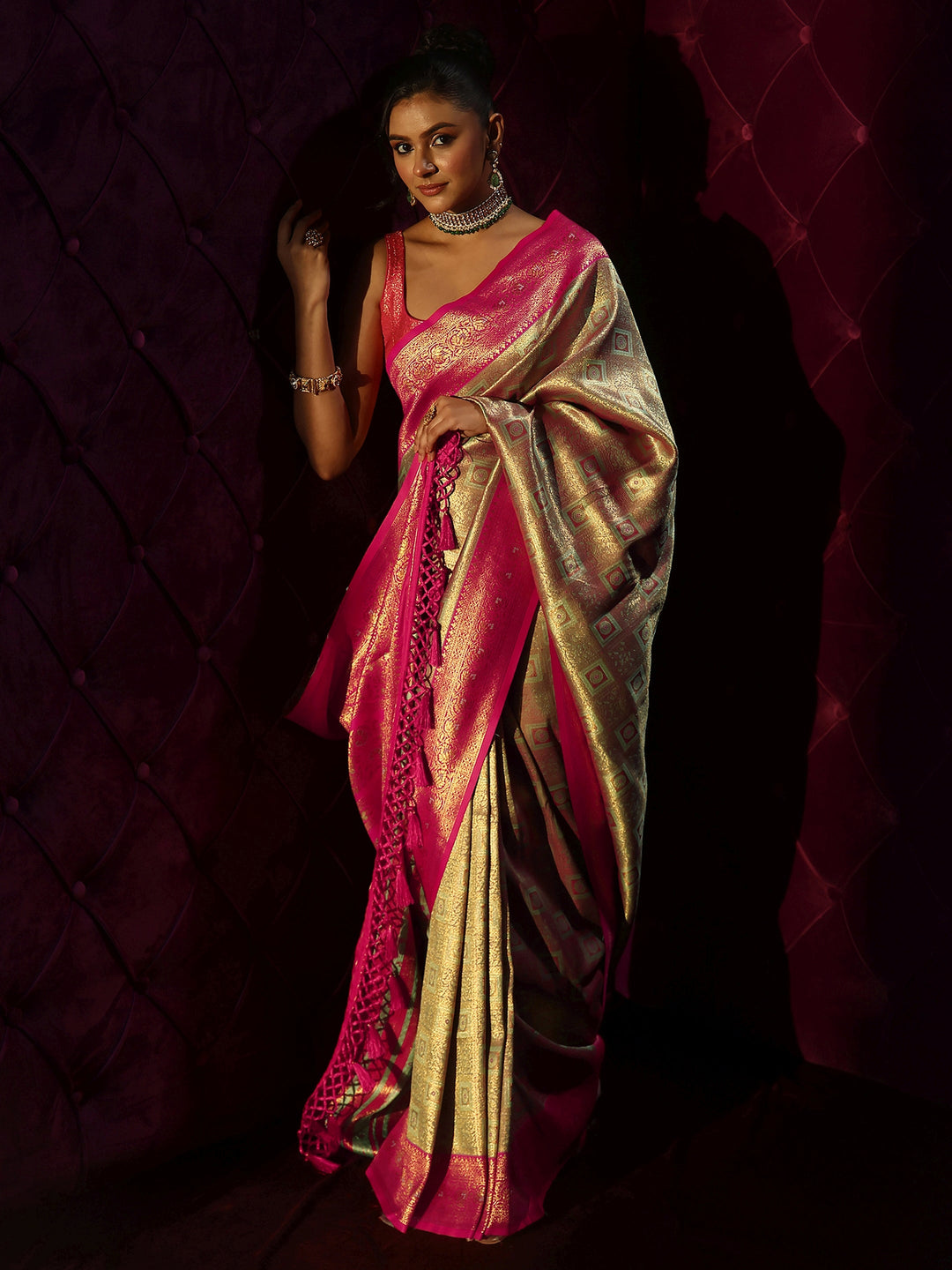 Libas Golden and Pink Woven Design Silk Blend Tassel Saree
