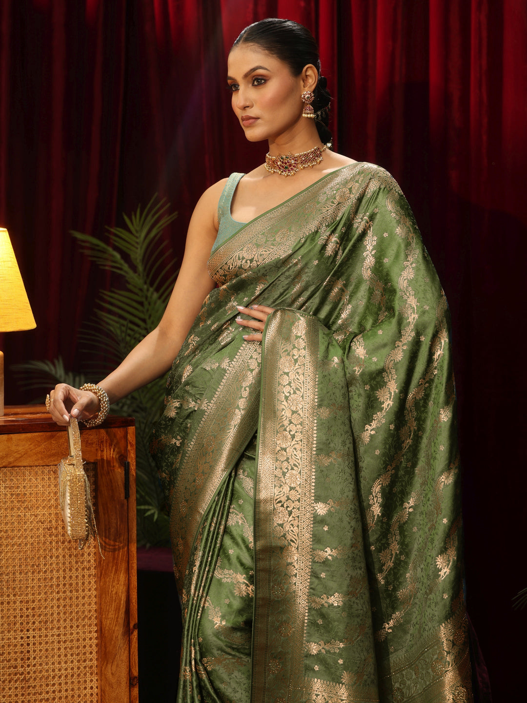 Libas Green Banarasi Silk Blend Saree with Embellished Pallu