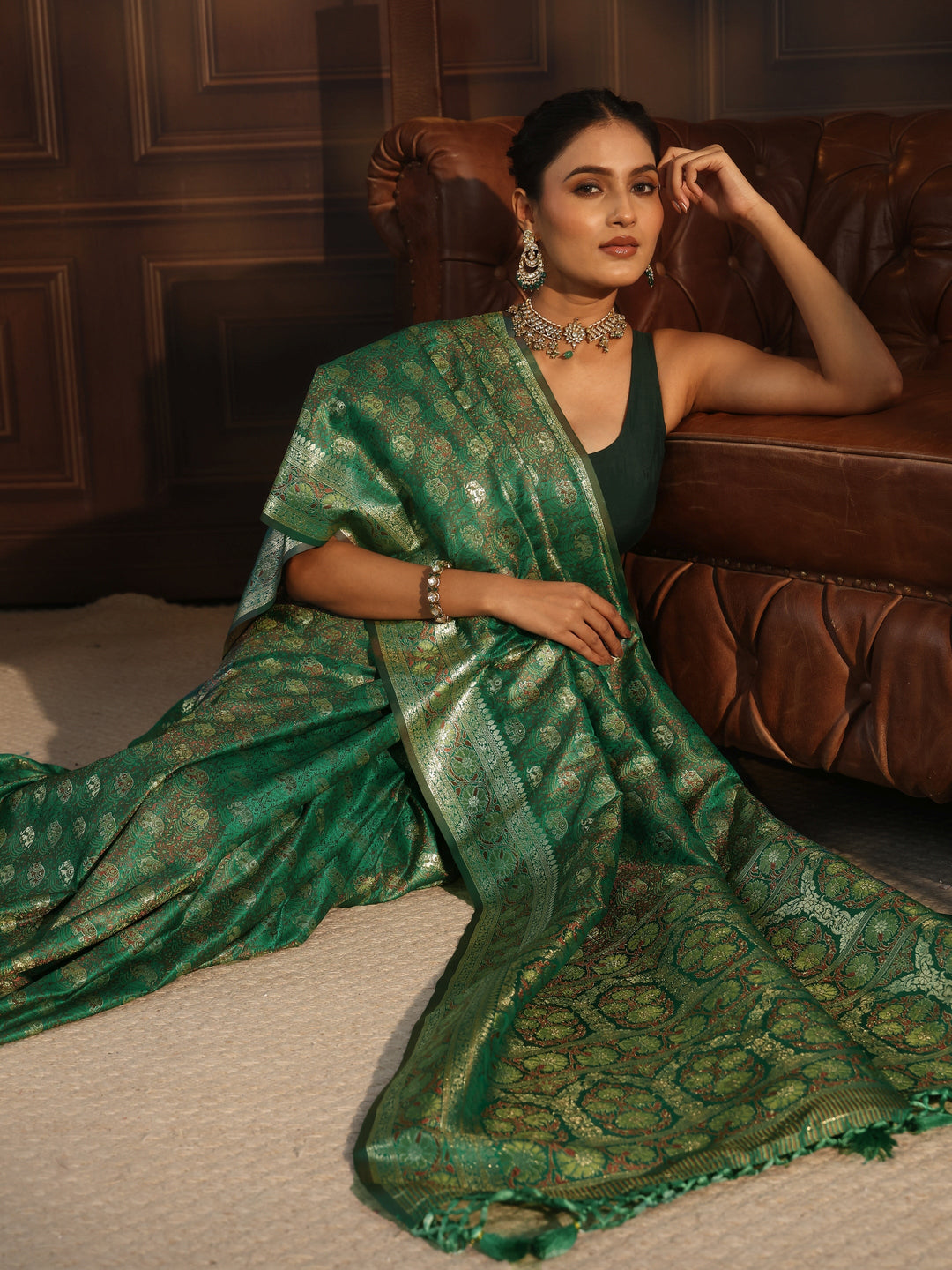 Libas Green Banarasi Silk Blend Tassel Saree