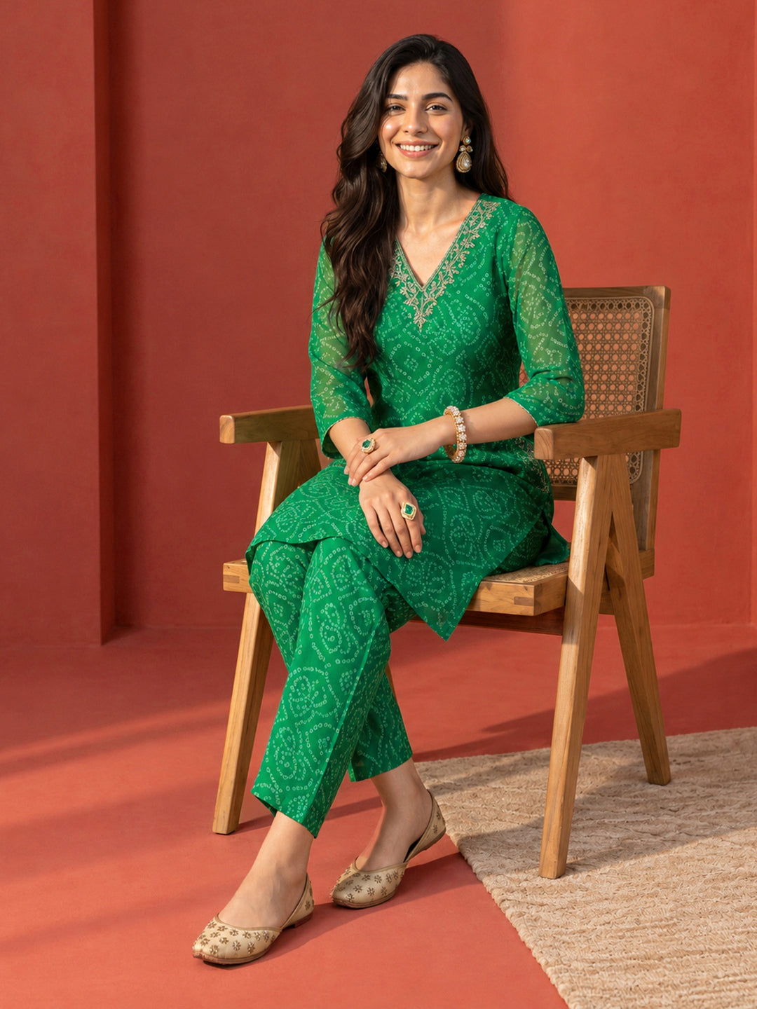 Libas Green Bandhani Printed Chiffon Co-Ord Set