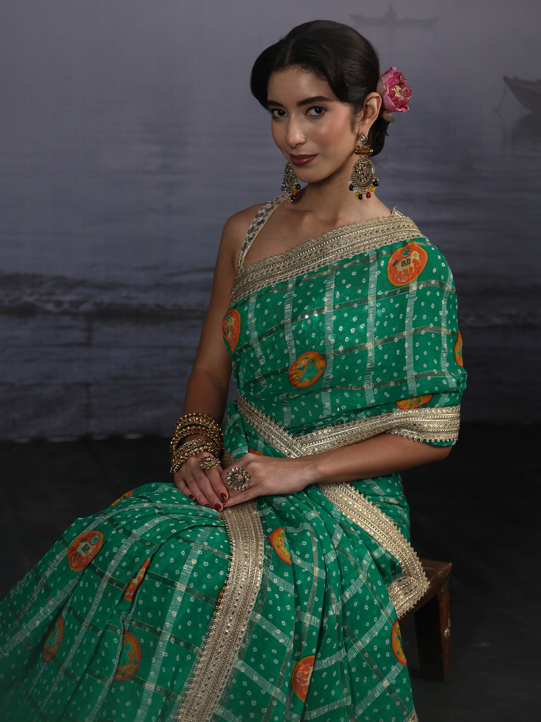 Libas Green Bandhani Printed Chiffon Saree