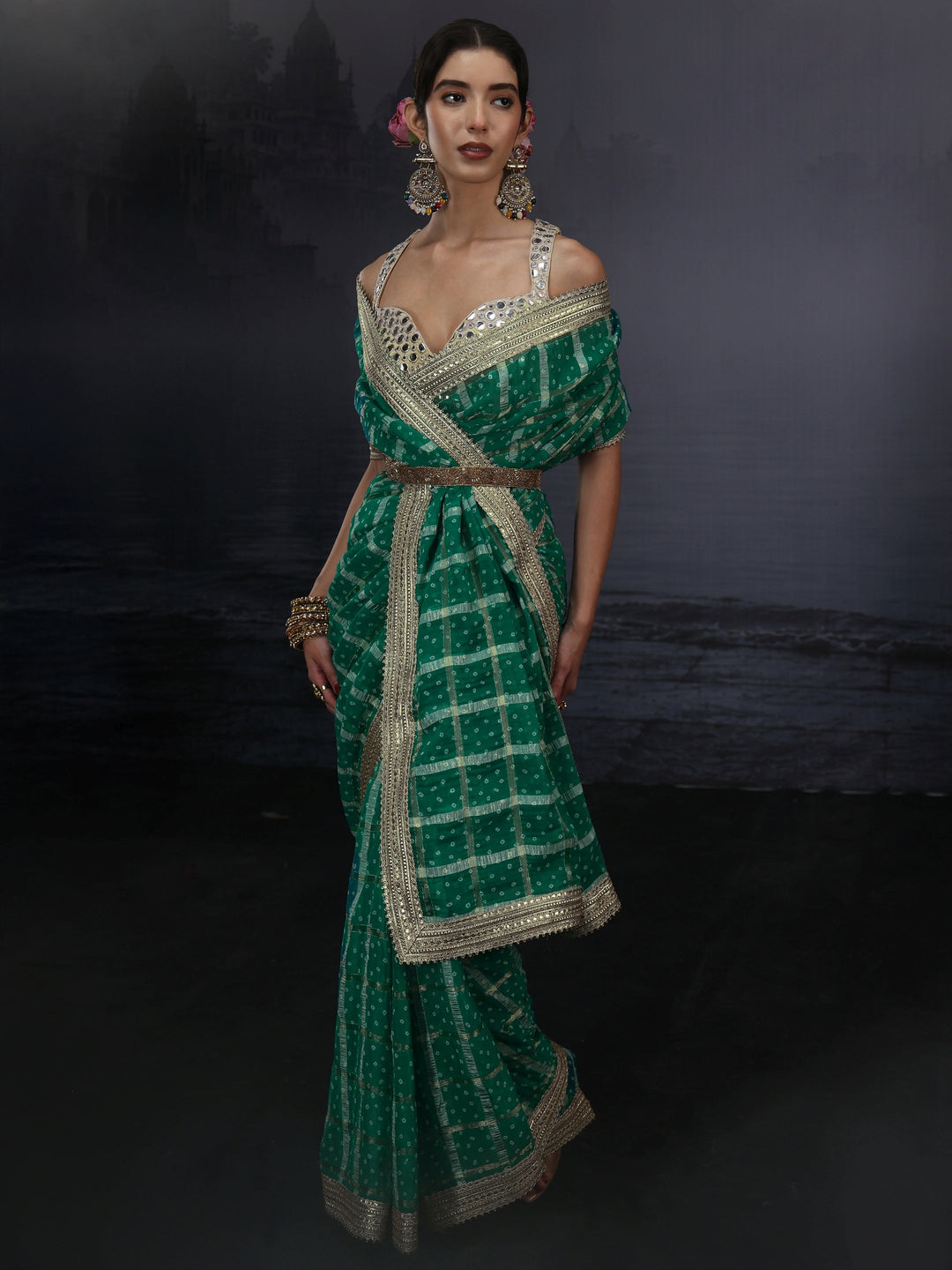 Libas Green Bandhani Printed Chiffon Saree
