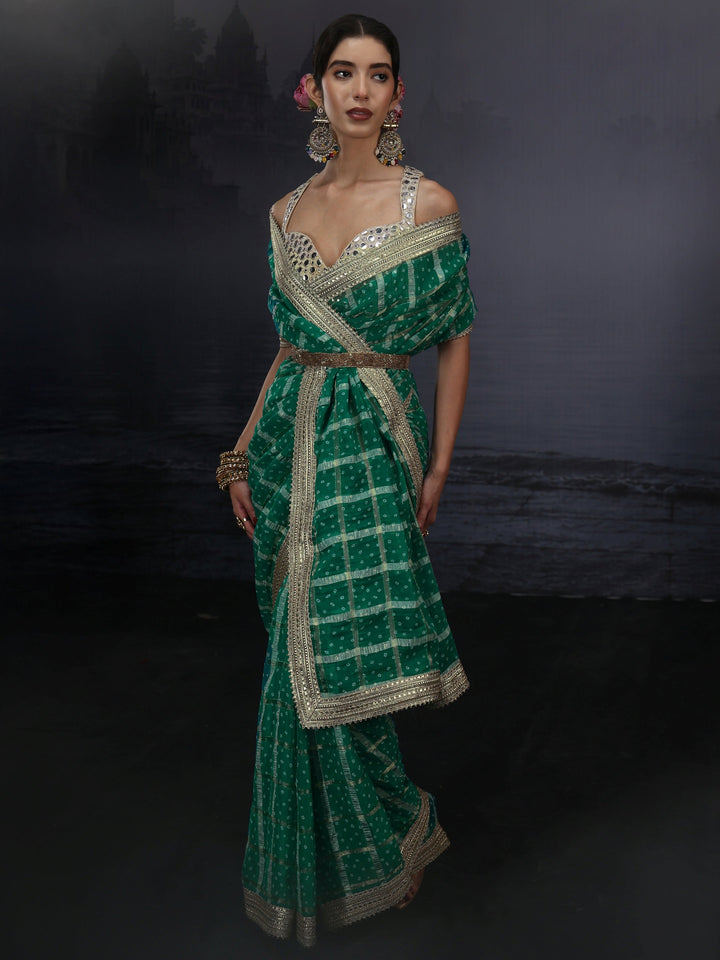 Libas Green Bandhani Printed Chiffon Saree