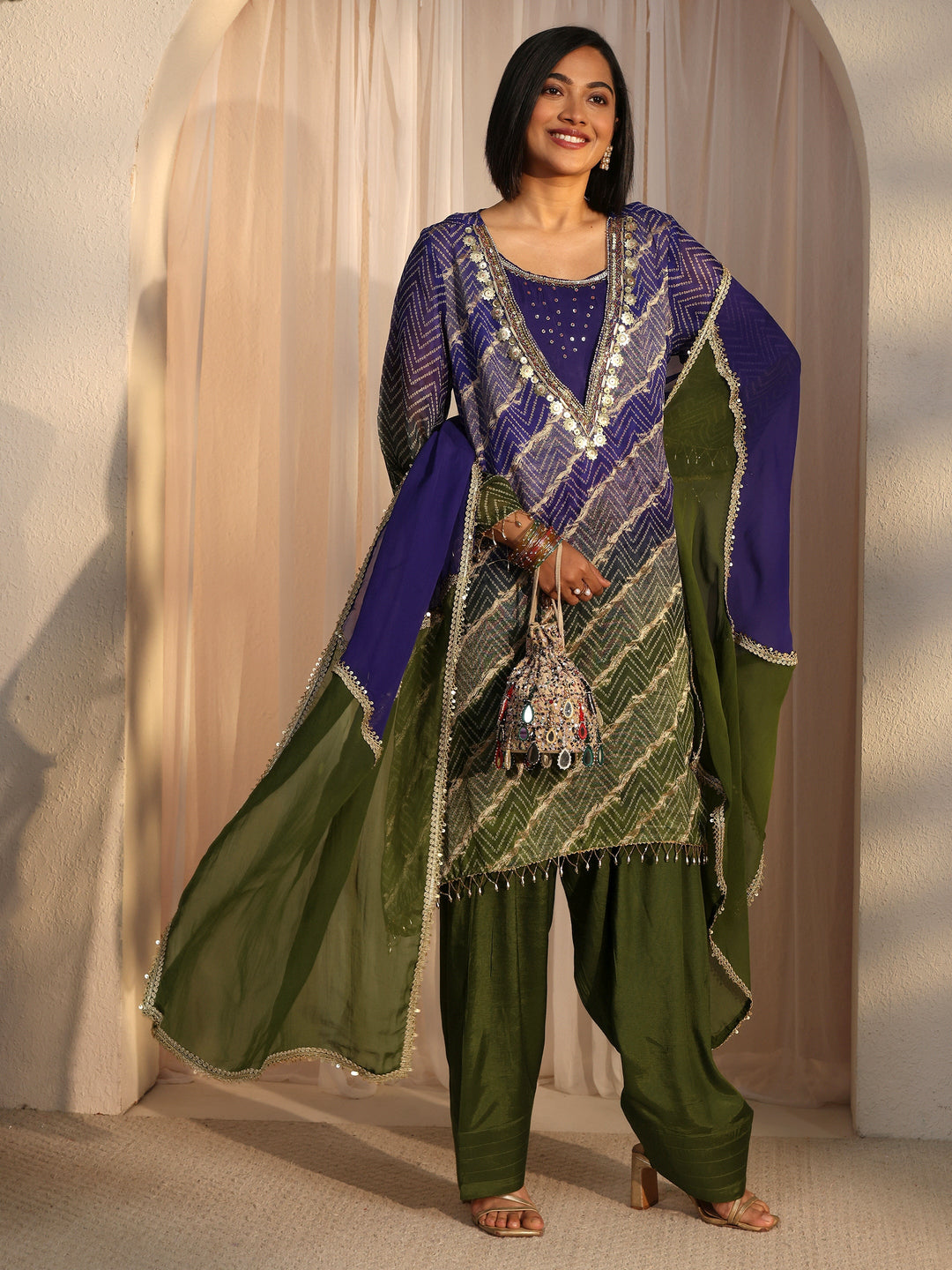 Libas Green Bandhani Printed Organza Farshi Salwar Suit