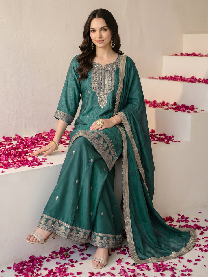 Libas Green Bandhani Printed Silk Blend Palazzo Suit Set