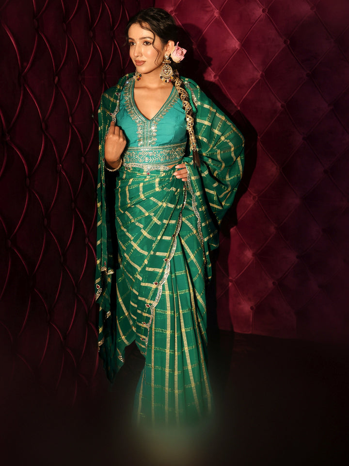 Libas Green Checkered Chiffon Saree with Embellished Scalloped Border