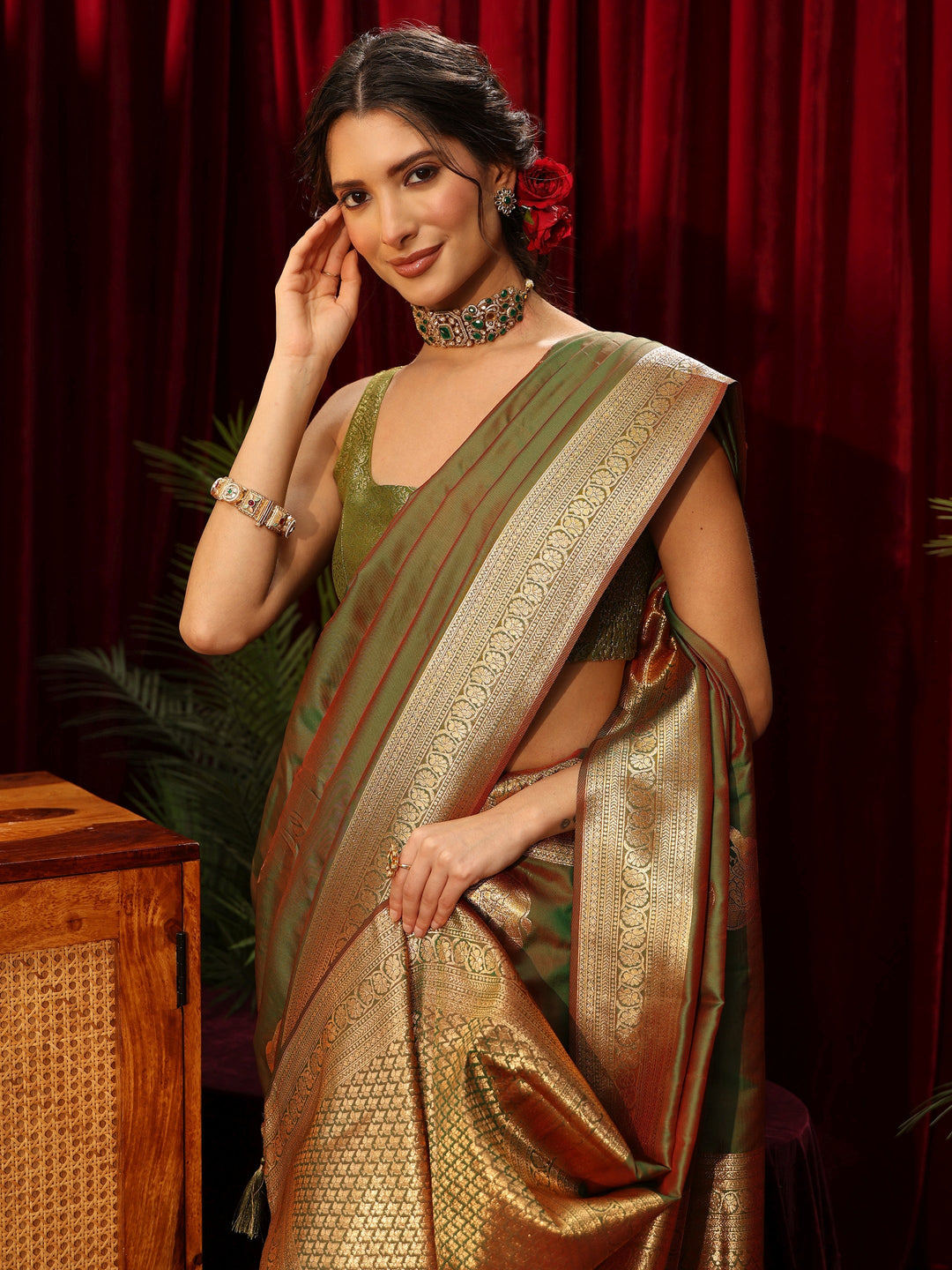 Libas Green Elephant Motif Kanjeevaram Silk Blend Saree