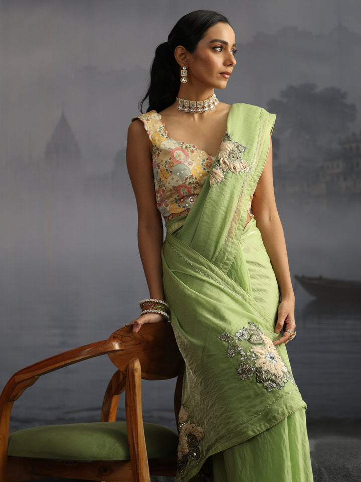 Libas Green Embellished Tissue Saree with Applique Work