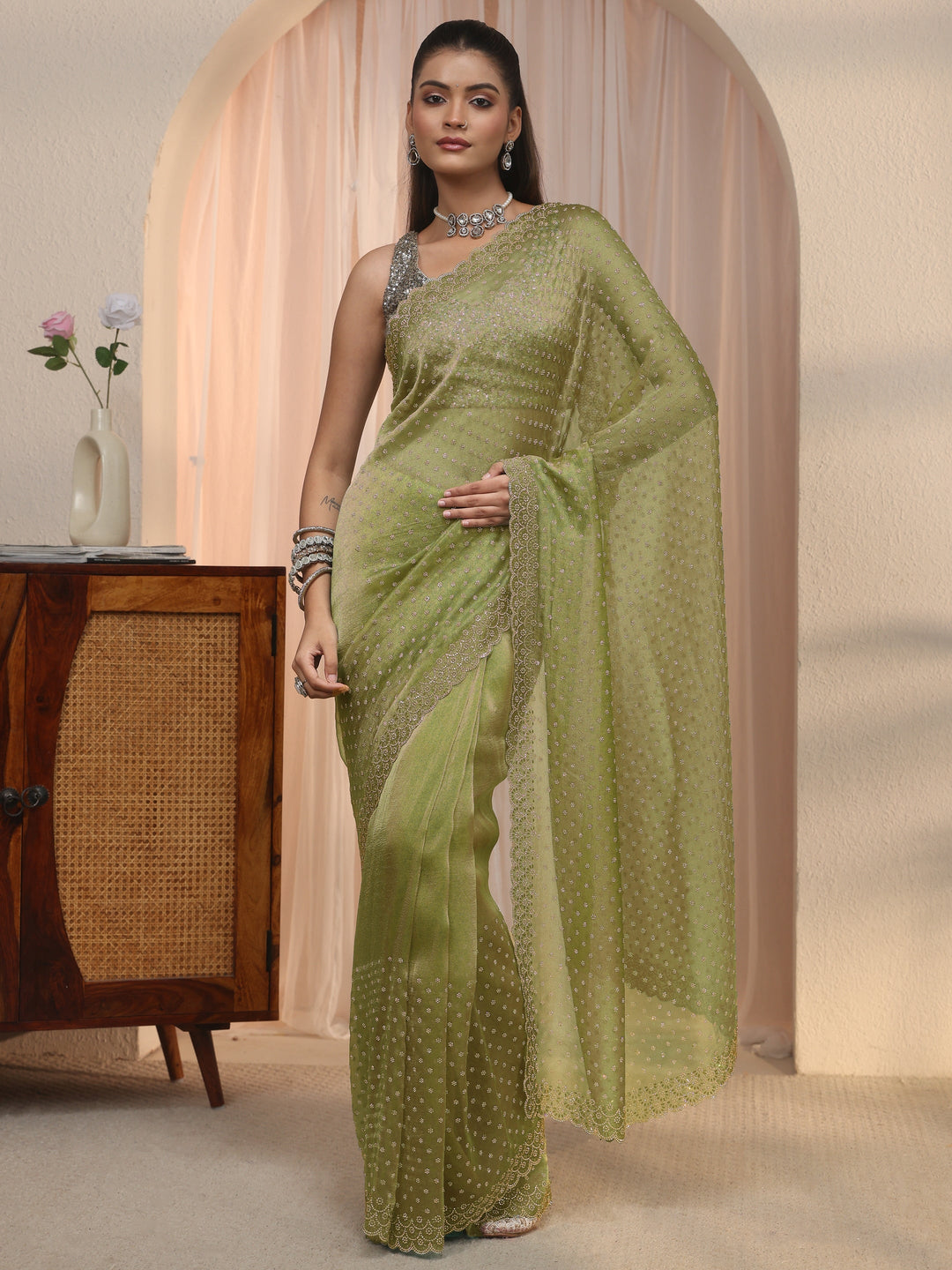 Libas Green Embellished Tissue Saree with Scalloped Border