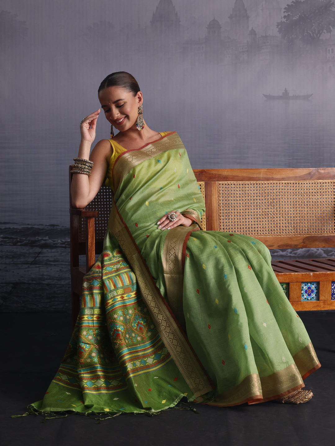 Libas Green Embroidered Pallu Silk Blend Saree