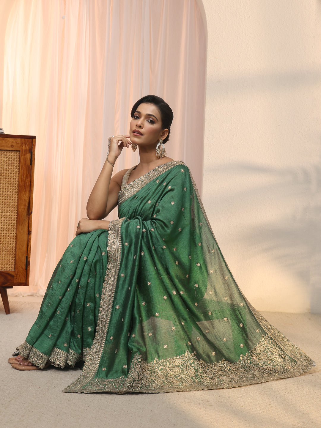 Libas Green Embroidered Silk Blend Saree with Paisley Pallu