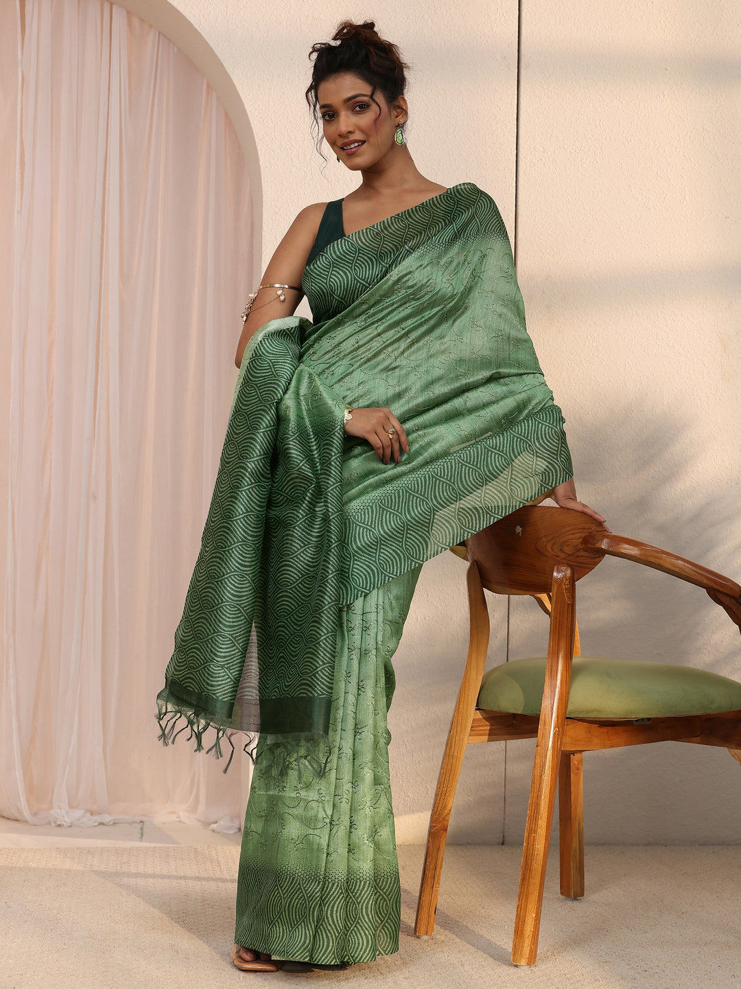 Libas Green Embroidered Silk Blend Saree with Printed Border