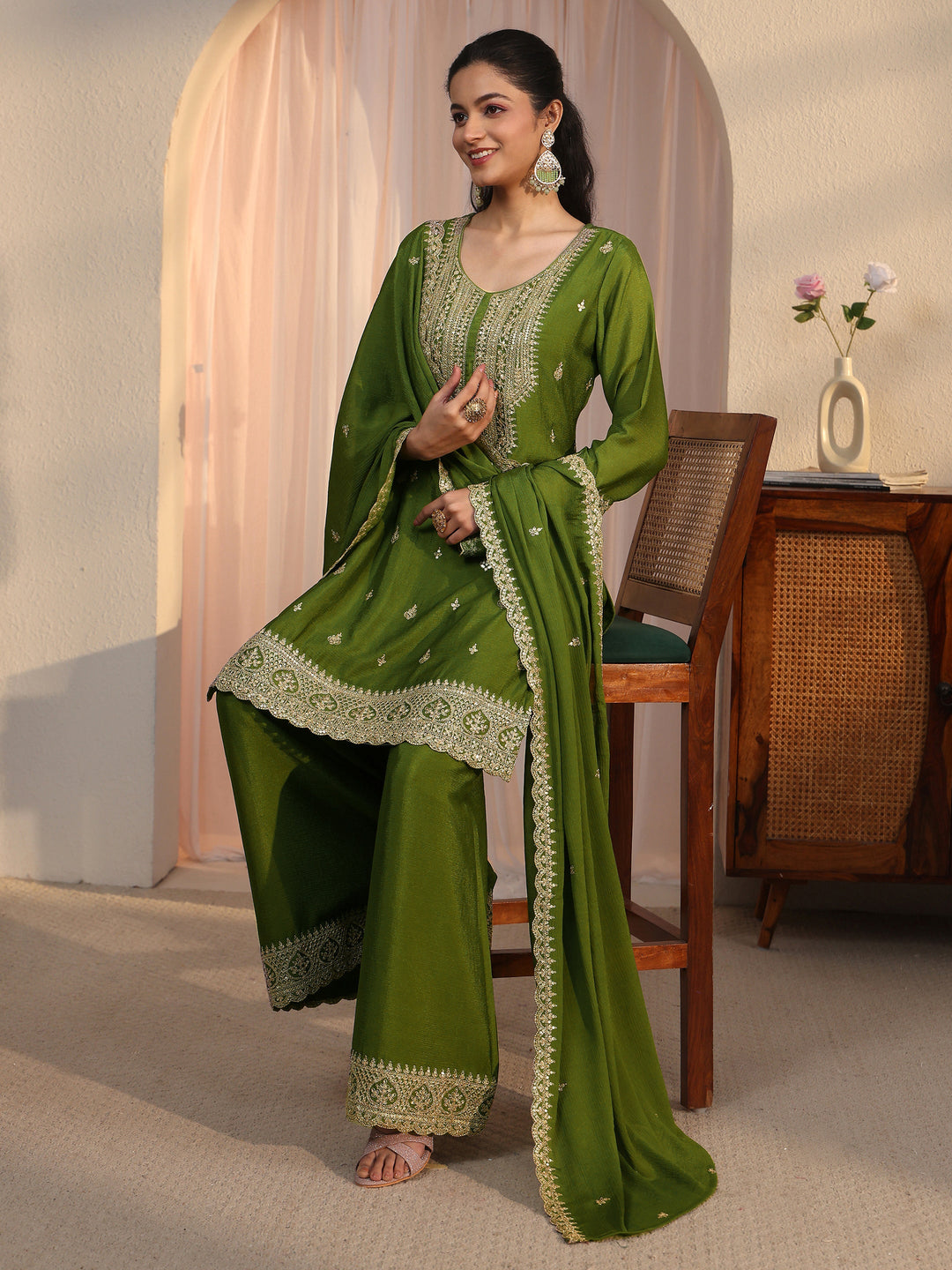 Libas Green Ethnic Embroidered Chinon Palazzo Suit Set