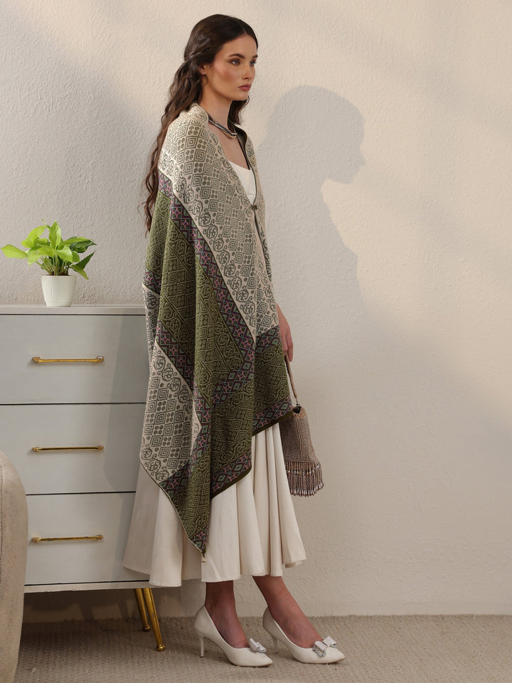 Libas Green Ethnic Knitted Acrylic Wrap Shawl