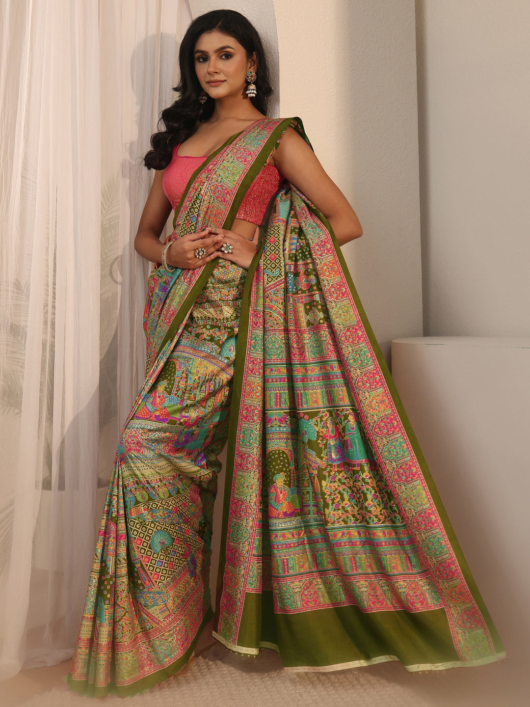 Libas Green Ethnic Printed Silk Blend Saree