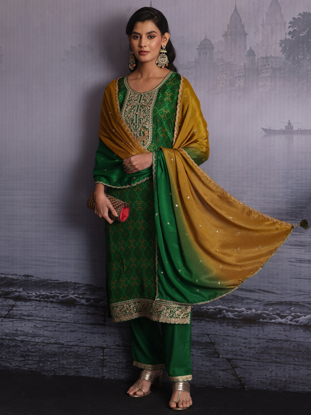 Libas Green Ethnic Printed Silk Blend Straight Suit Set
