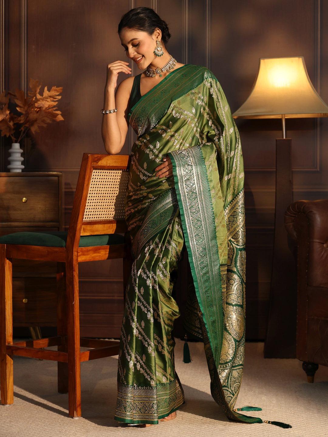 Libas Green Ethnic Woven Design Satin Saree with Stone Work
