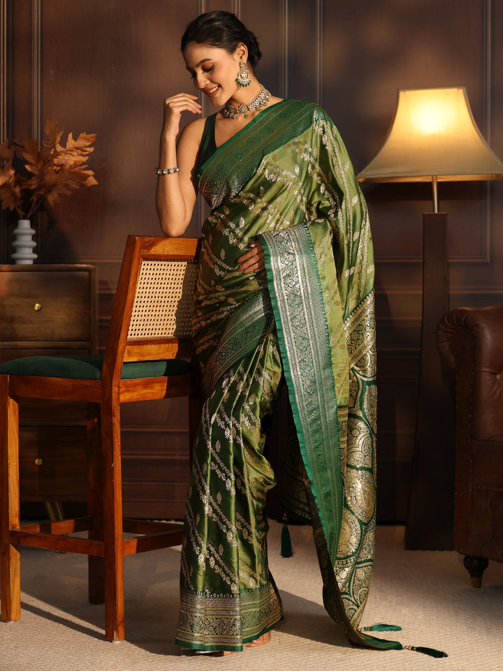 Libas Green Ethnic Woven Design Satin Saree with Stone Work