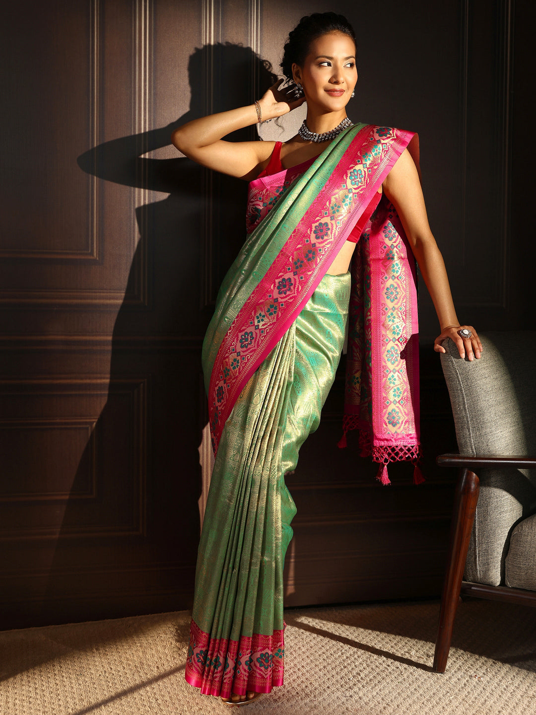 Libas Green Ethnic Woven Design Silk Blend Tassel Saree