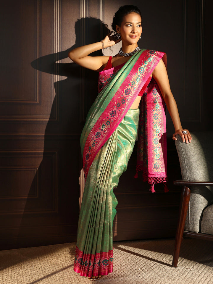 Libas Green Ethnic Woven Design Silk Blend Tassel Saree