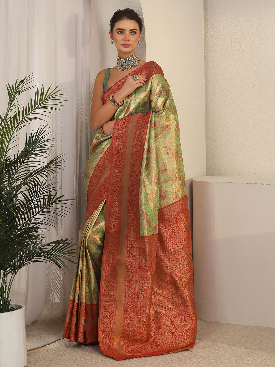 Libas Green Floral Brocade Saree