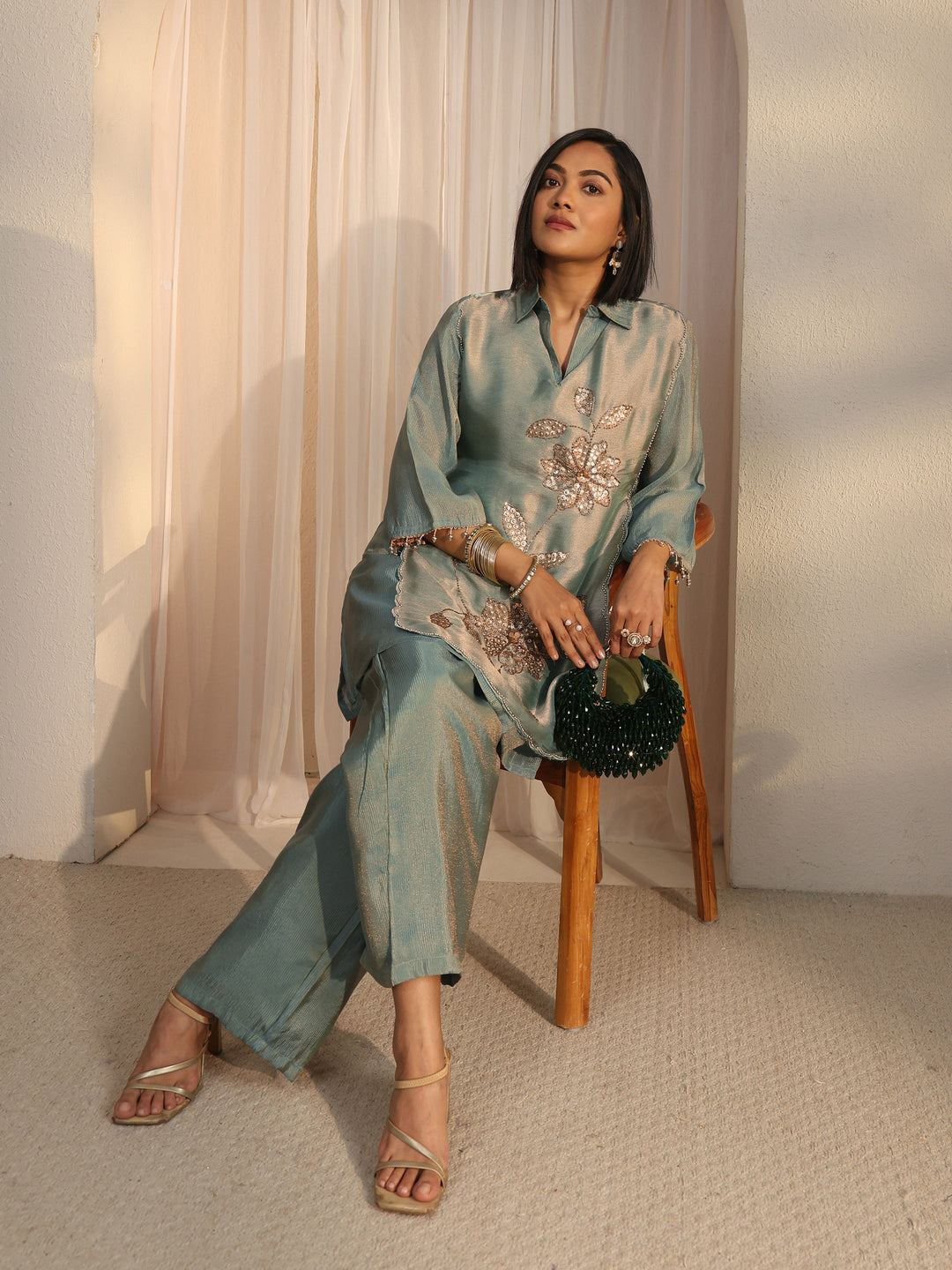 Libas Green Floral Embellished Tissue Bib Style Co-Ord Set
