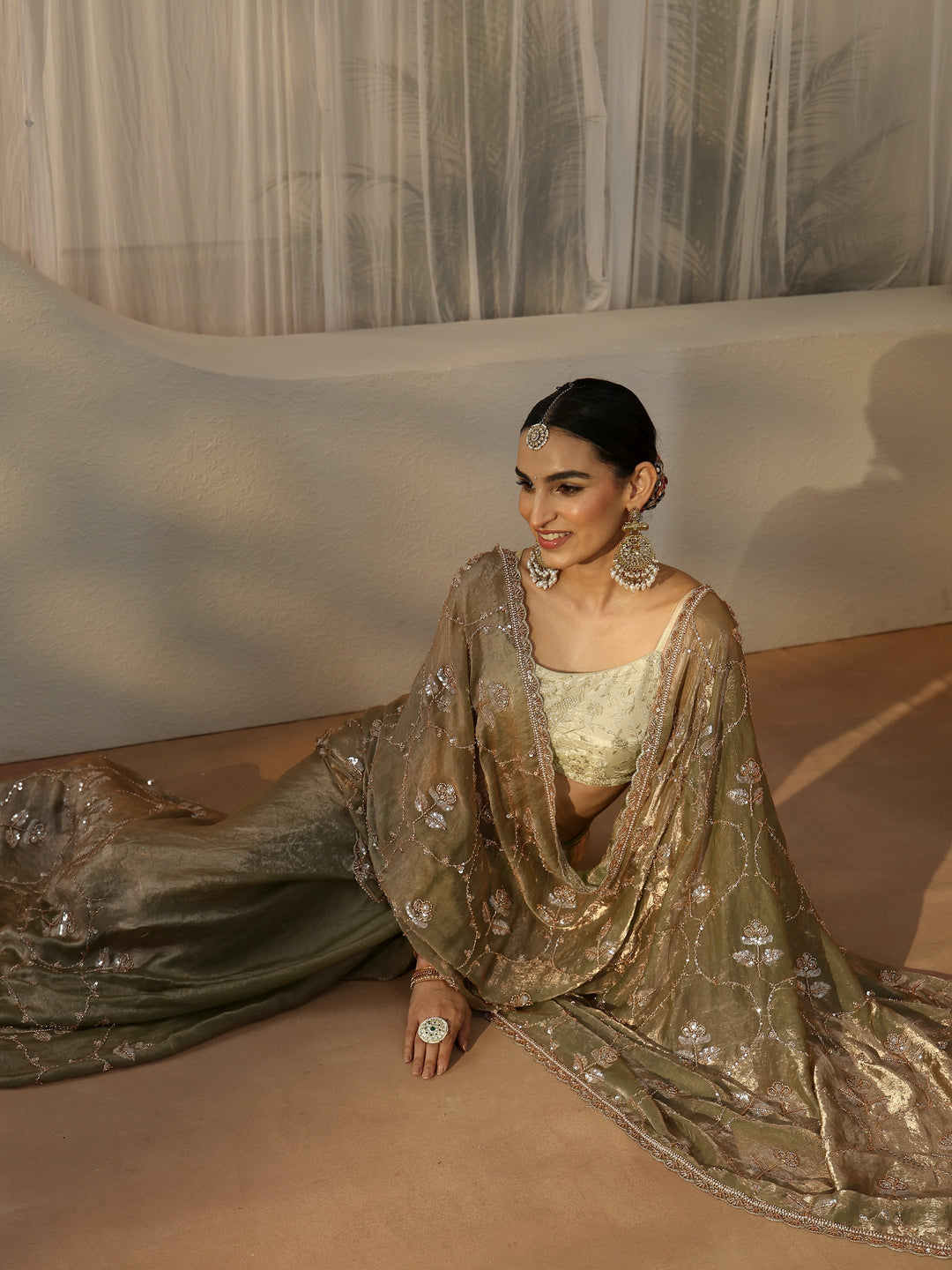 Libas Green Floral Embellished Tissue Saree