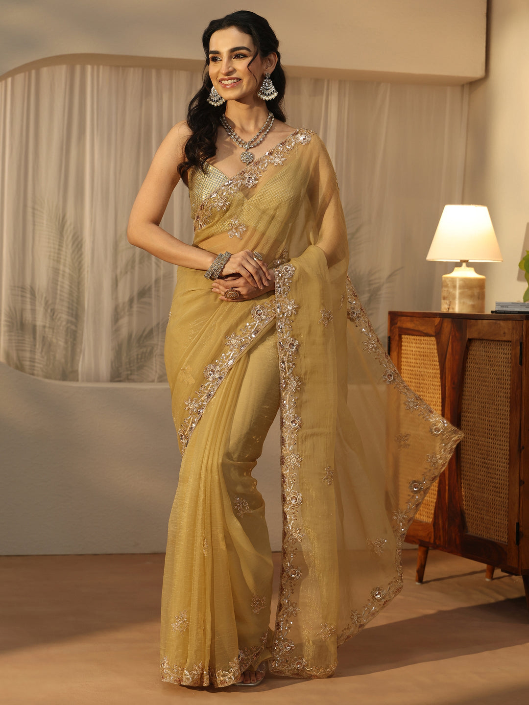 Libas Green Floral Embellished Tissue Saree