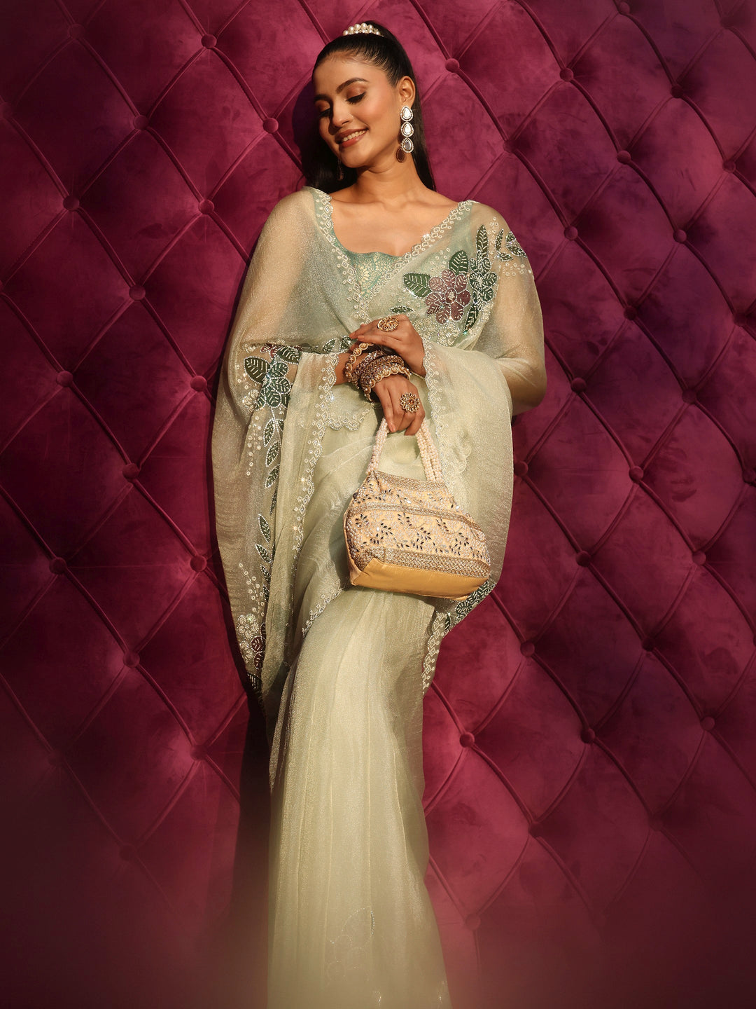 Libas Green Floral Embellished Tissue Saree with Scalloped Border