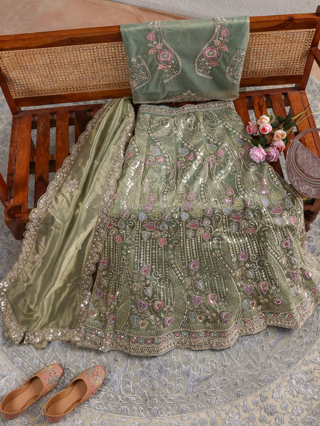 Libas  Green Floral Embellished Tissue Semi-Stitched Lehenga Choli