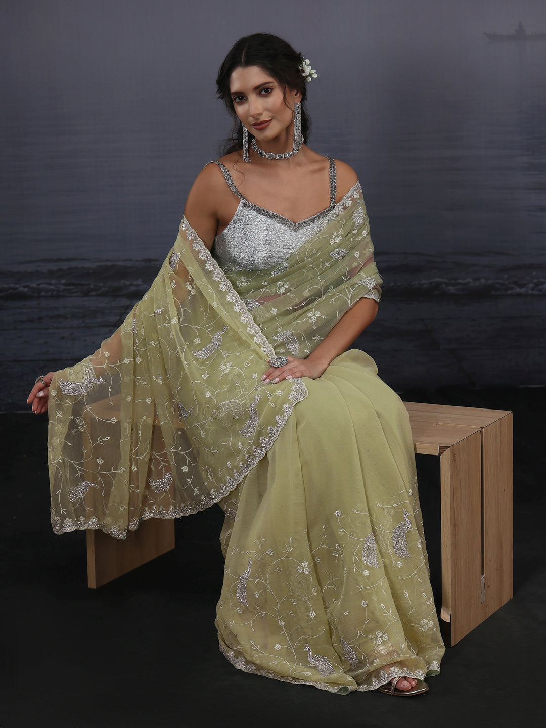 Libas Green Floral Embroidered Chiffon Saree with Stone Work