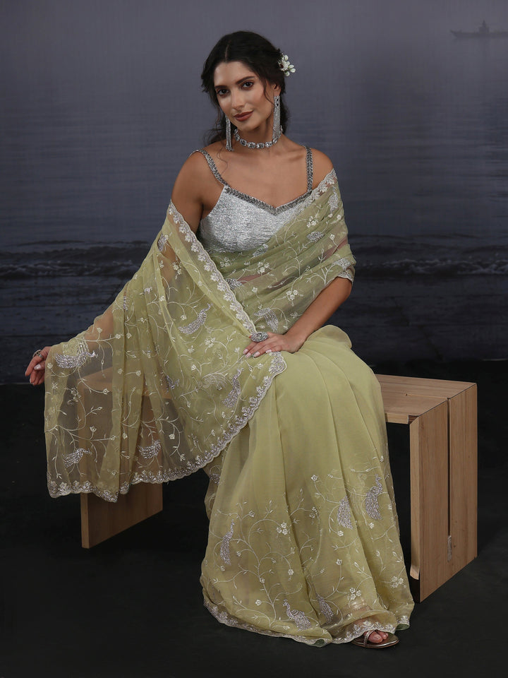 Libas Green Floral Embroidered Chiffon Saree with Stone Work
