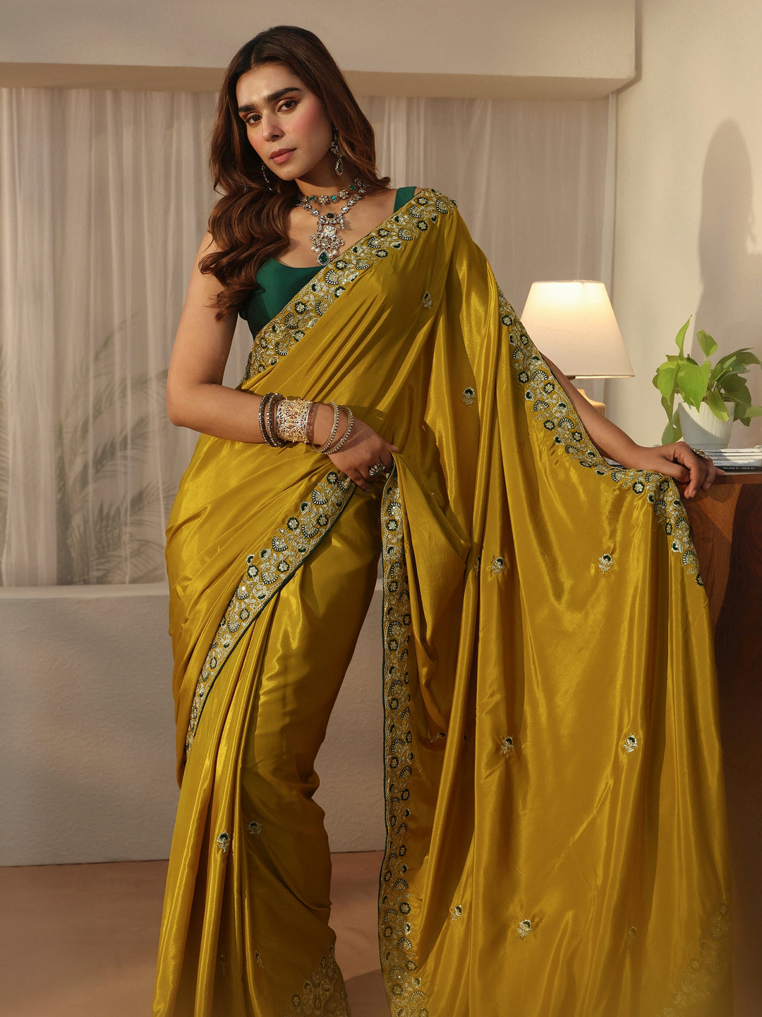 Libas Green Floral Embroidered Satin Saree