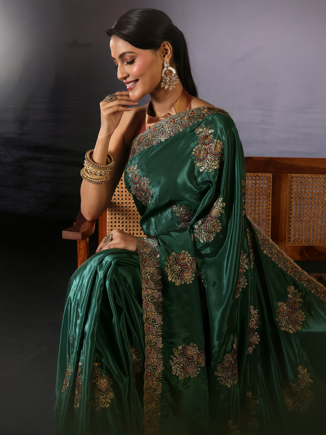 Libas Green Floral Embroidered Satin Saree