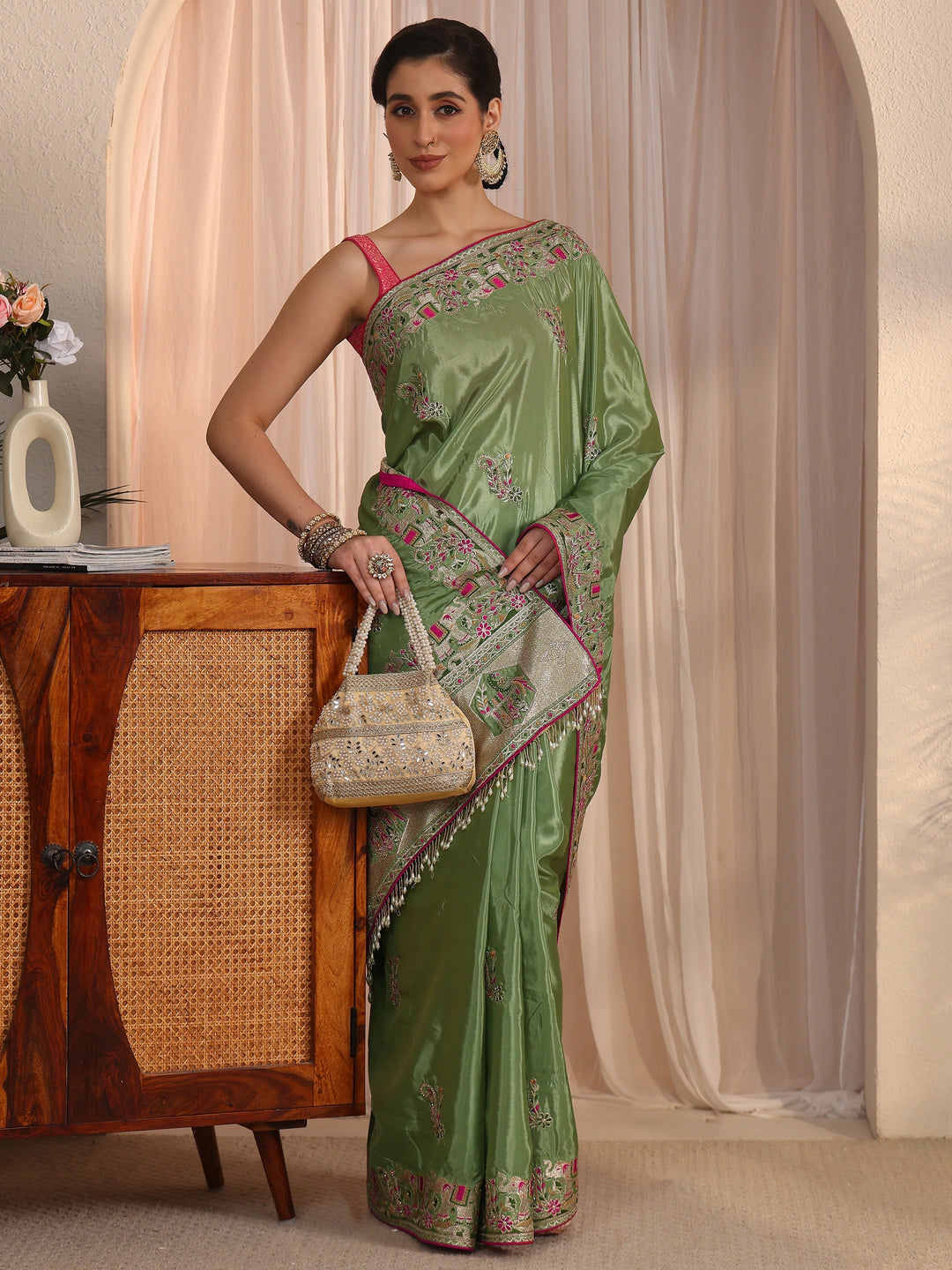 Libas Green Floral Embroidered Satin Tassel Saree