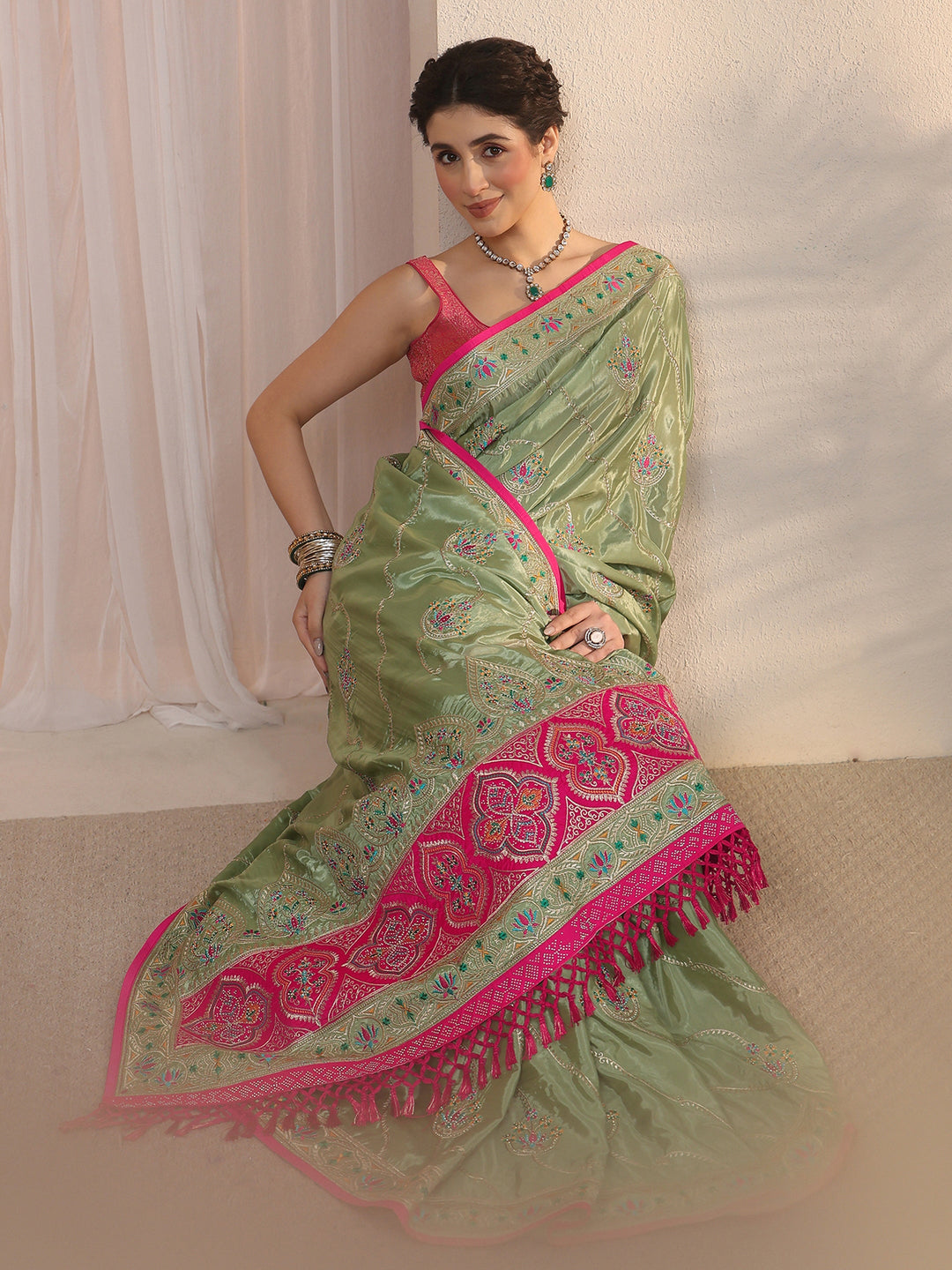 Libas Green Floral Embroidered Satin Tassel Saree