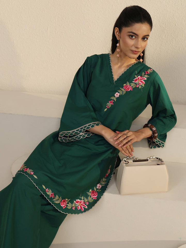 Libas Green Floral Embroidered Silk Blend Co-ord Set