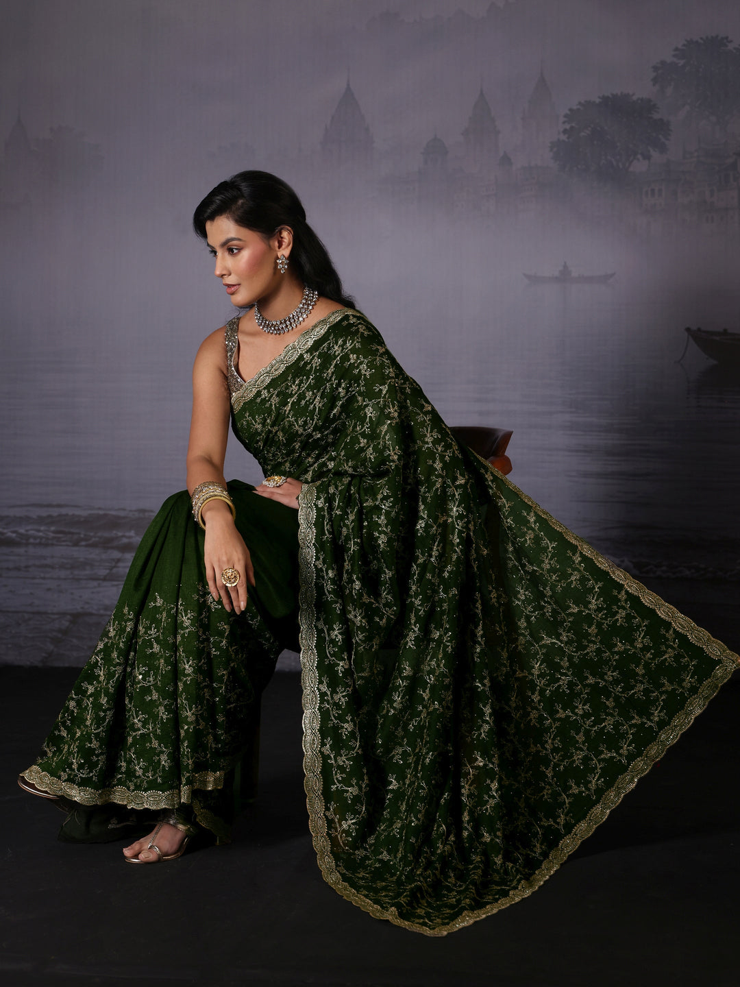 Libas Green Floral Embroidered Silk Blend Saree