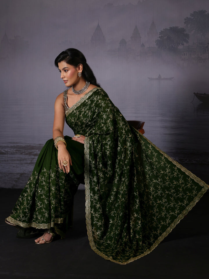 Libas Green Floral Embroidered Silk Blend Saree