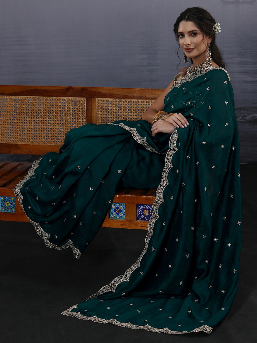 Libas Green Floral Embroidered Silk Blend Saree with Scalloped Border