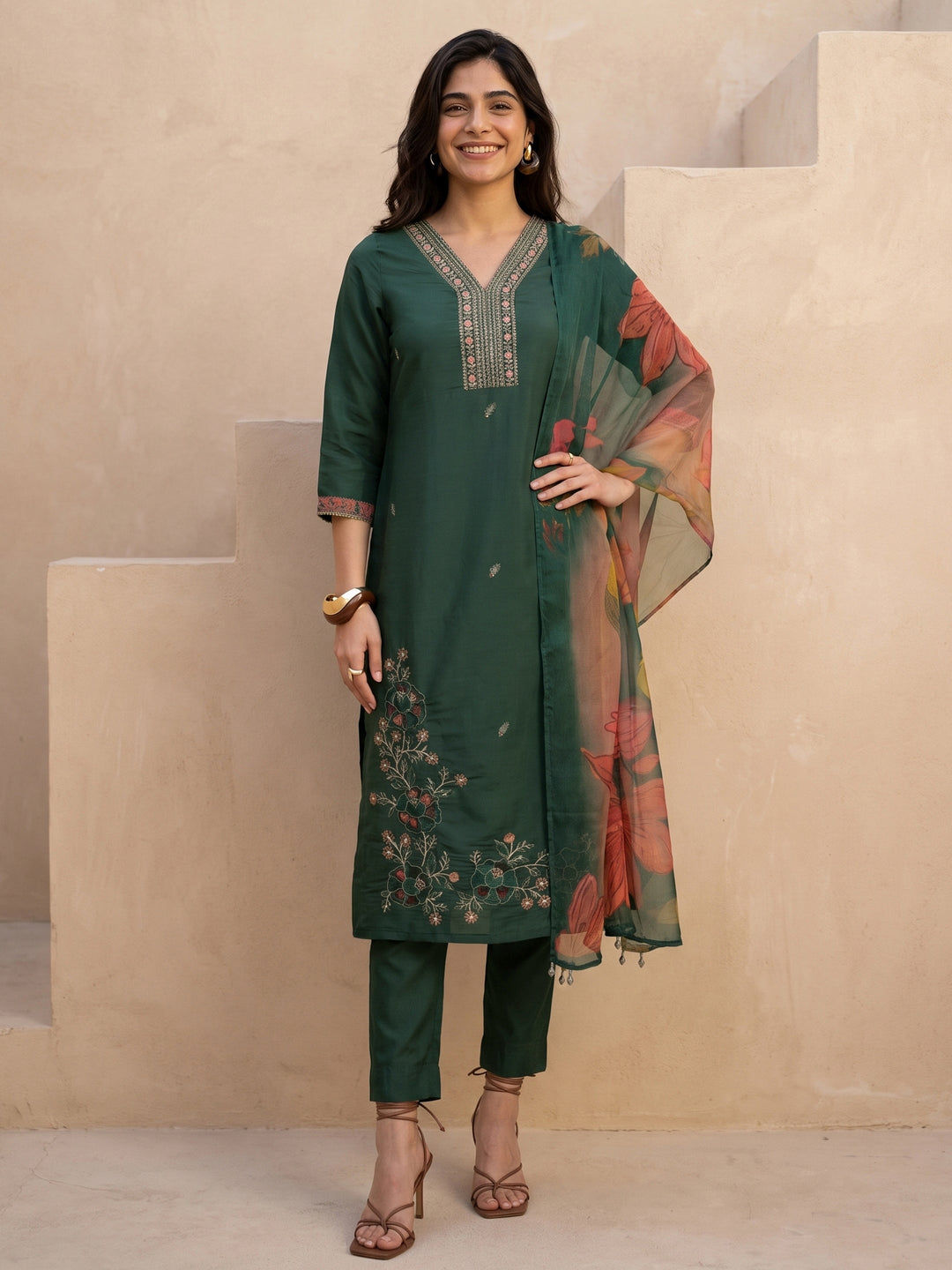 Libas Green Floral Embroidered Silk Blend Straight Suit Set