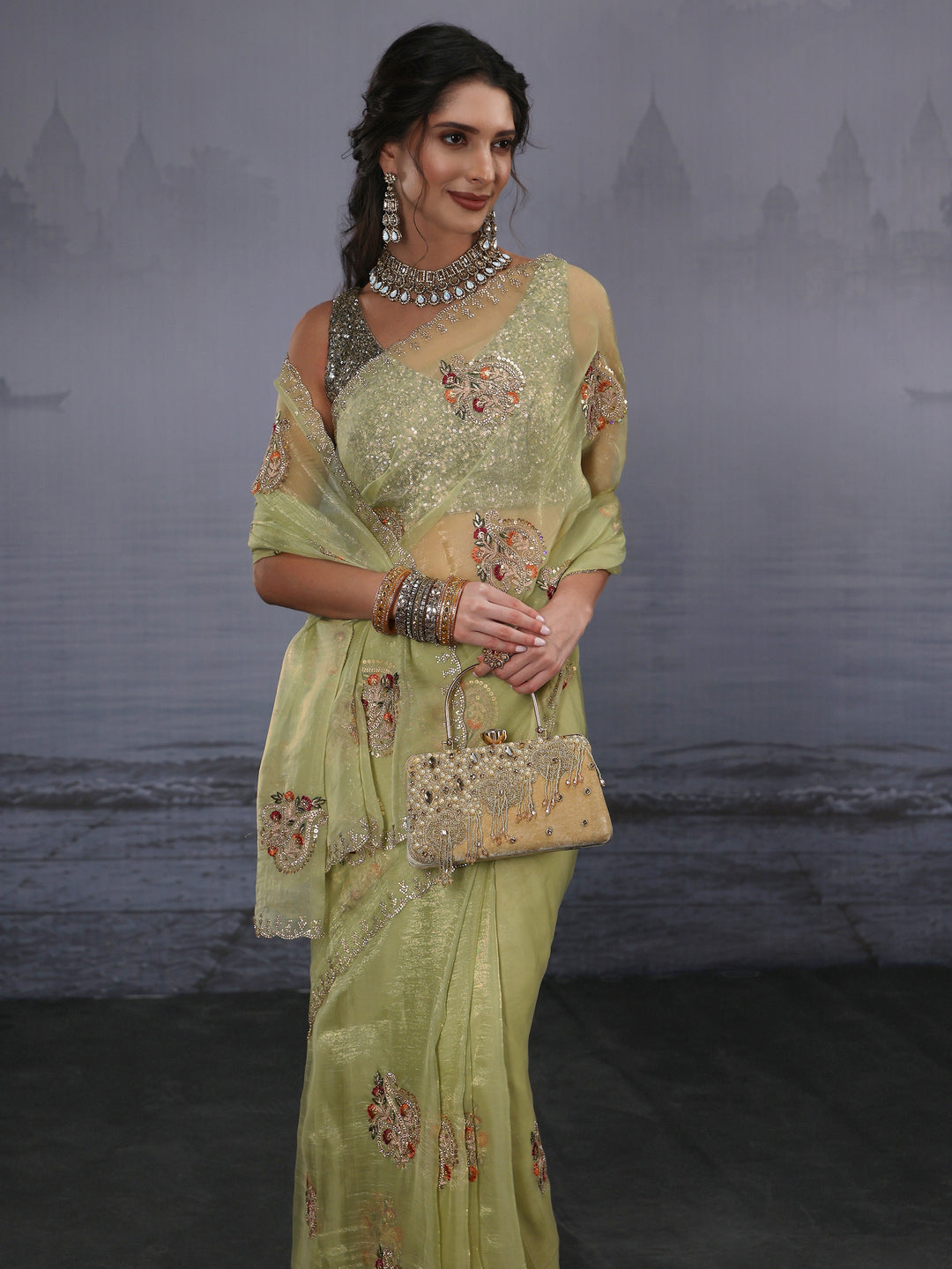 Libas Green Floral Embroidered Tissue Saree