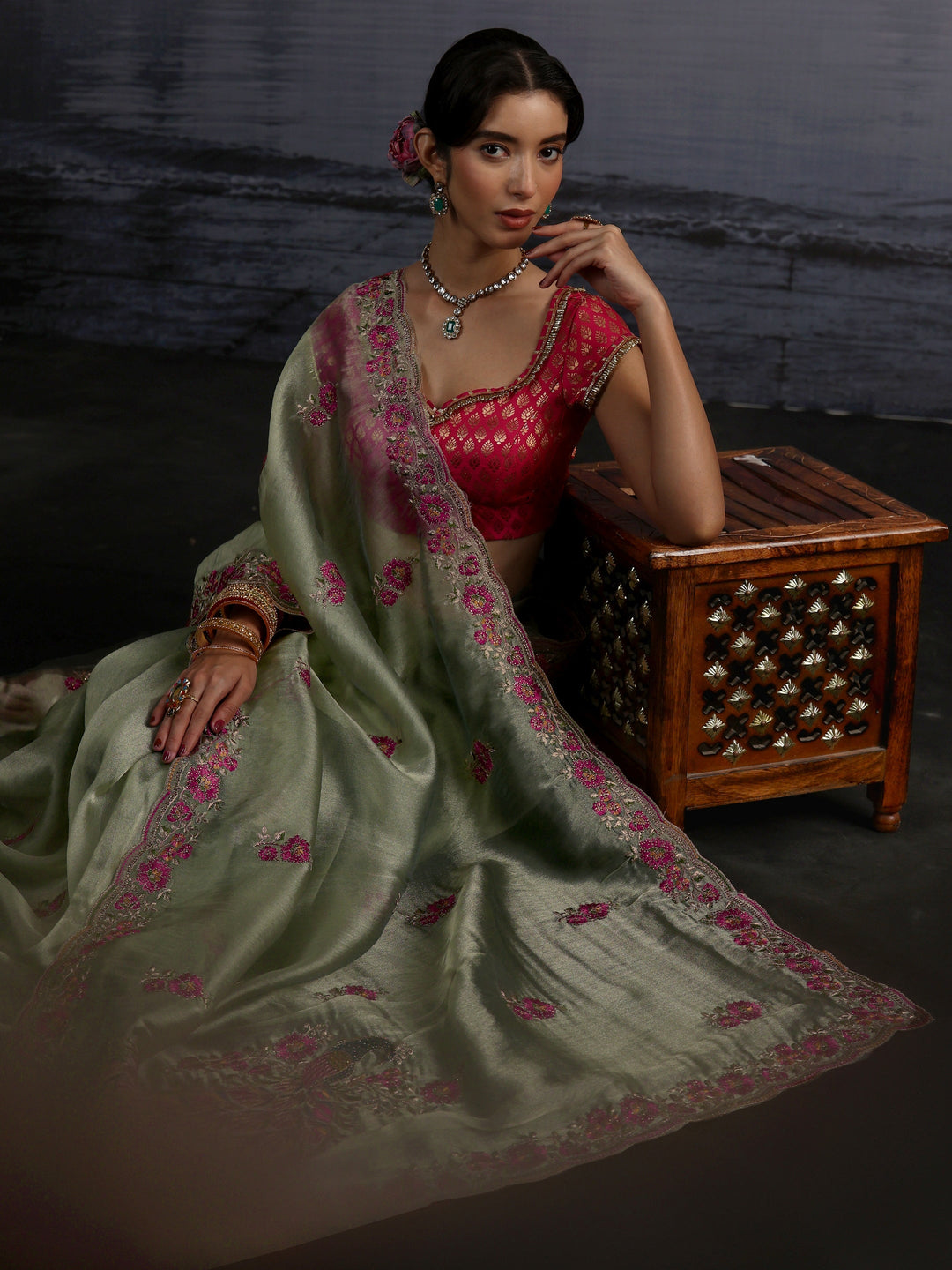 Libas Green Floral Embroidered Tissue Saree