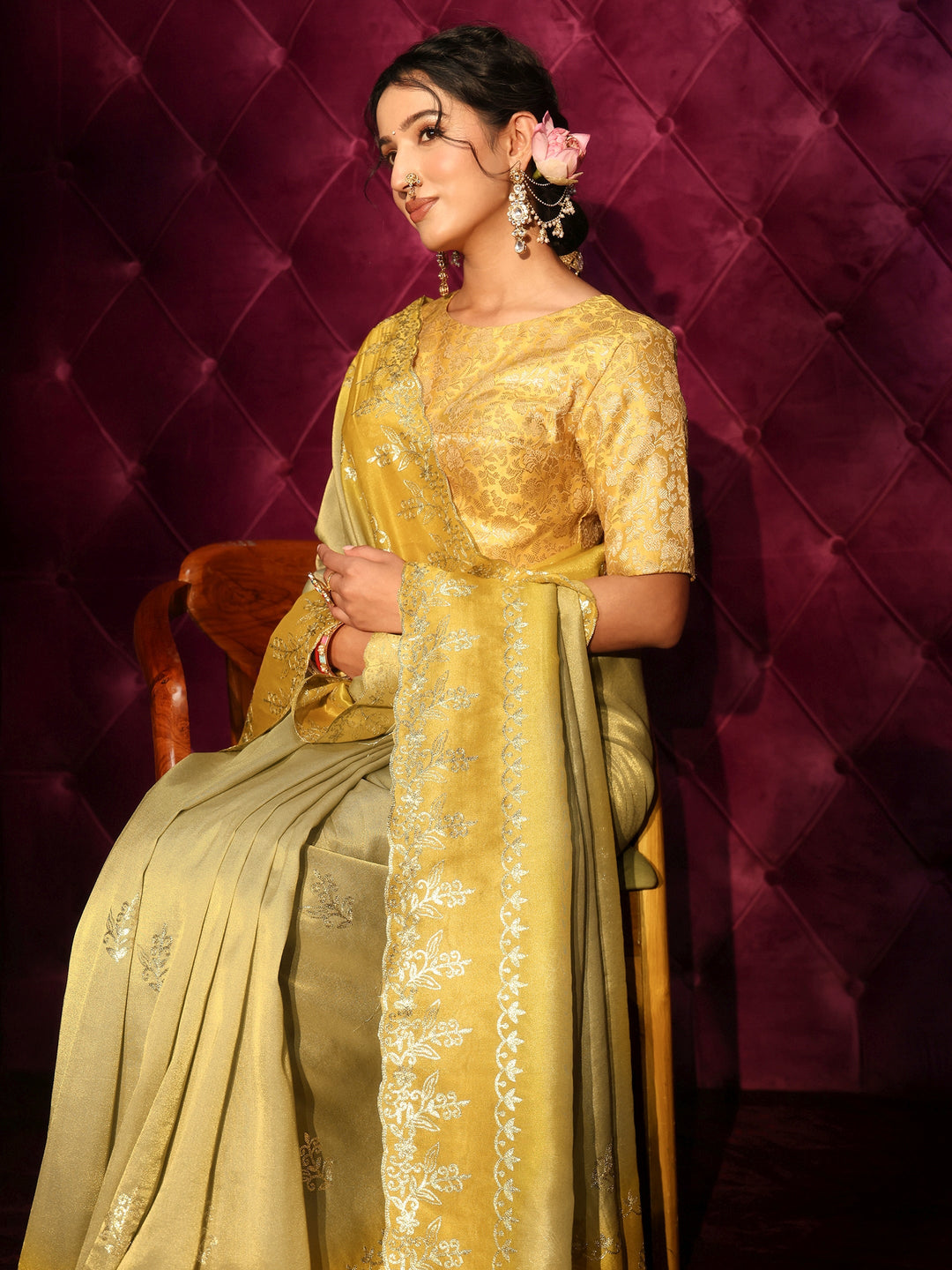 Libas Green Floral Embroidered Tissue Saree