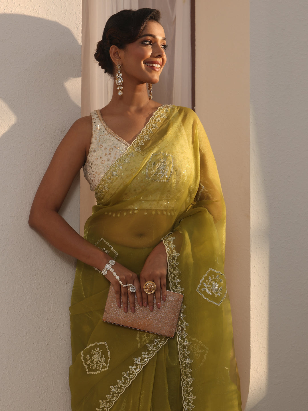 Libas Green Floral Embroidered Tissue Saree