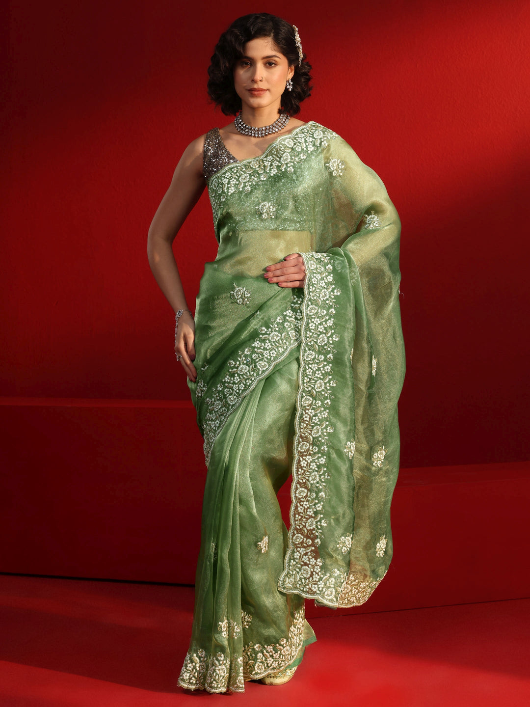 Libas Green Floral Embroidered Tissue Saree