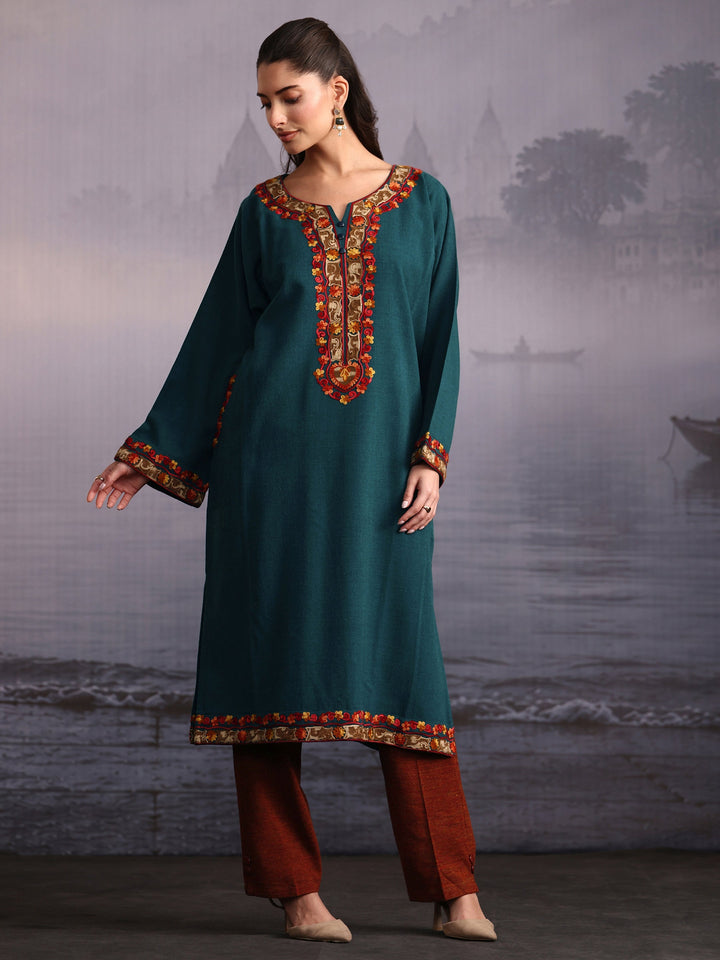 Libas Green Floral Embroidered Woolen Straight Kurta