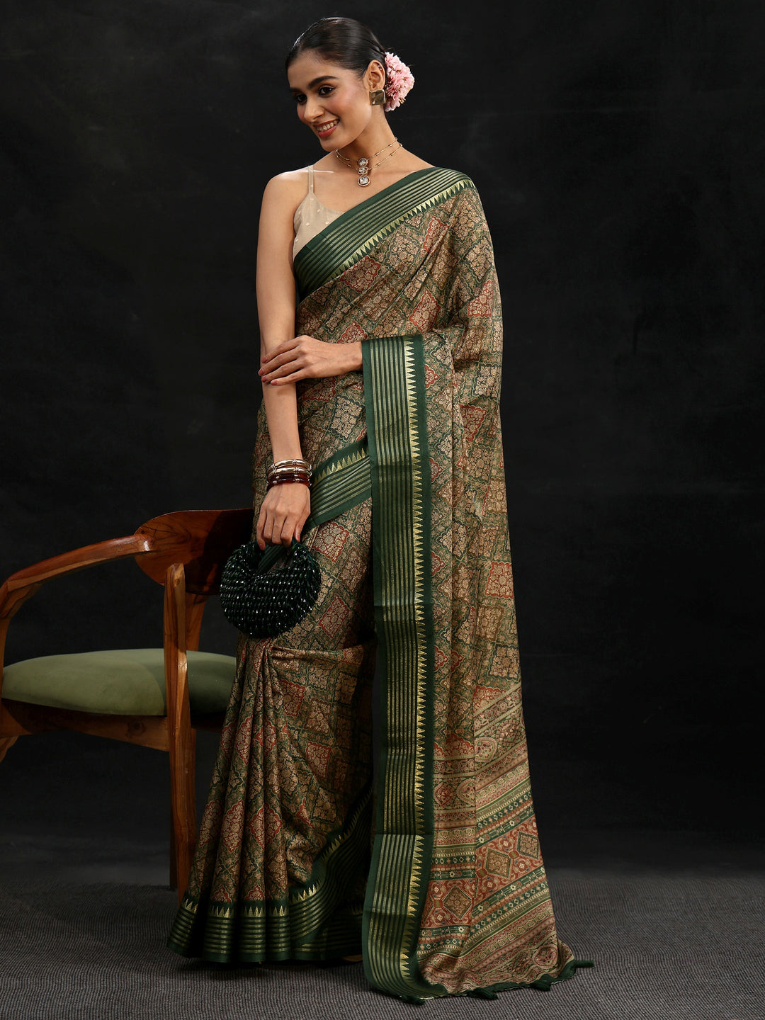 Libas Green Floral Foil Printed Silk Blend Saree