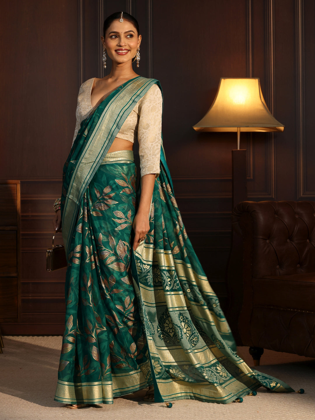 Libas Green Floral Foil Printed Silk Blend Saree