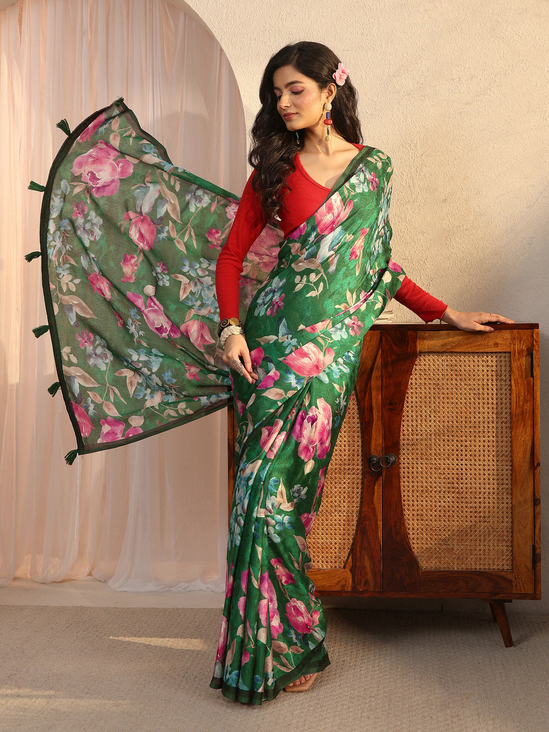 Libas Green Floral Printed Chiffon Tassel Saree